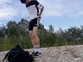 Cute twink Jon Arteen wears black Adidas outfit, shows his underwear, walks freeballing, jerking off throught his short shorts, cumming open-air gay asian public sex videos